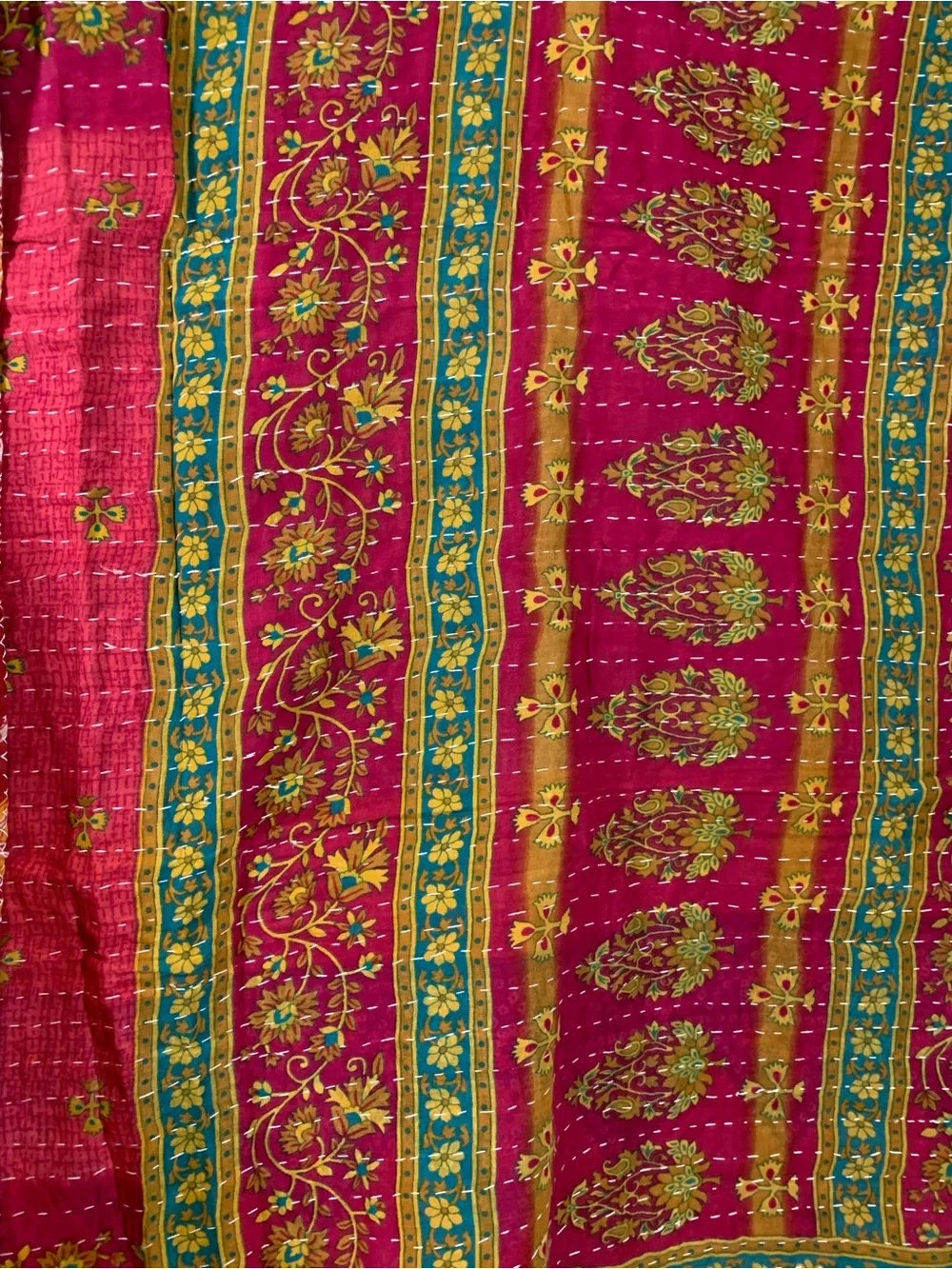 Handmade Kantha Quilt Twin Size Recycled Sari Cotton Magenta Rust Gold Tan